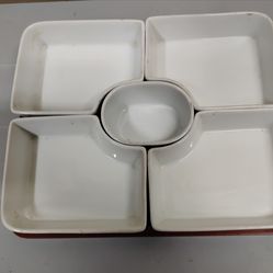 5-Piece Glossy White Ceramic Server Set On Wooden Tray