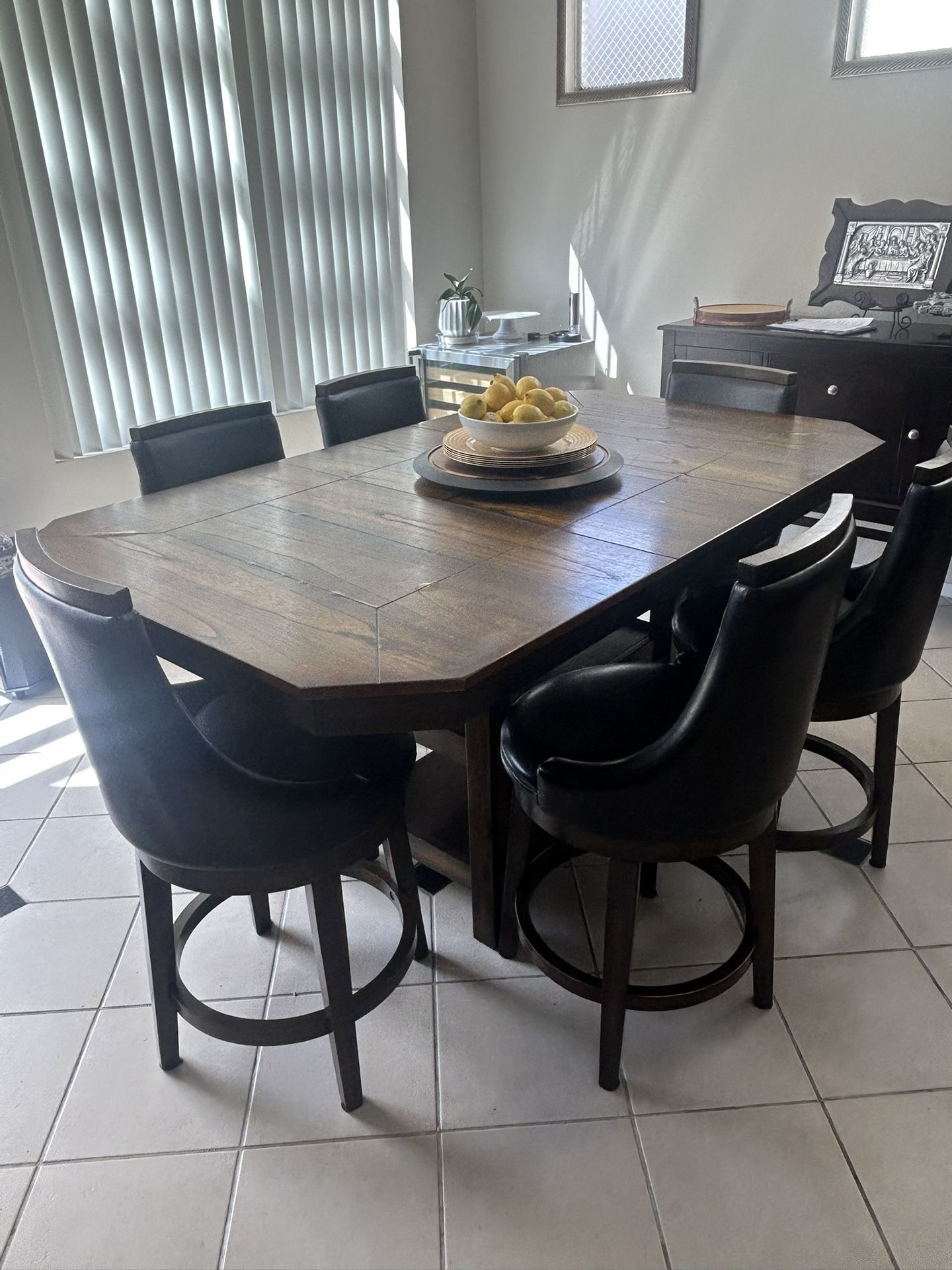 Counter Height Dining Table and Swivel Chairs (6)