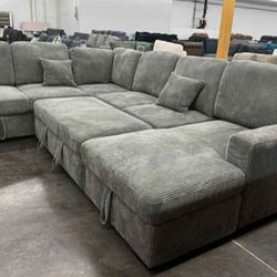 ✅️✅️4 pc Grey  corduroy fabric sectional sofa with storage chaise and love seat and pop up sleep area in center USB charging✅️✅️
