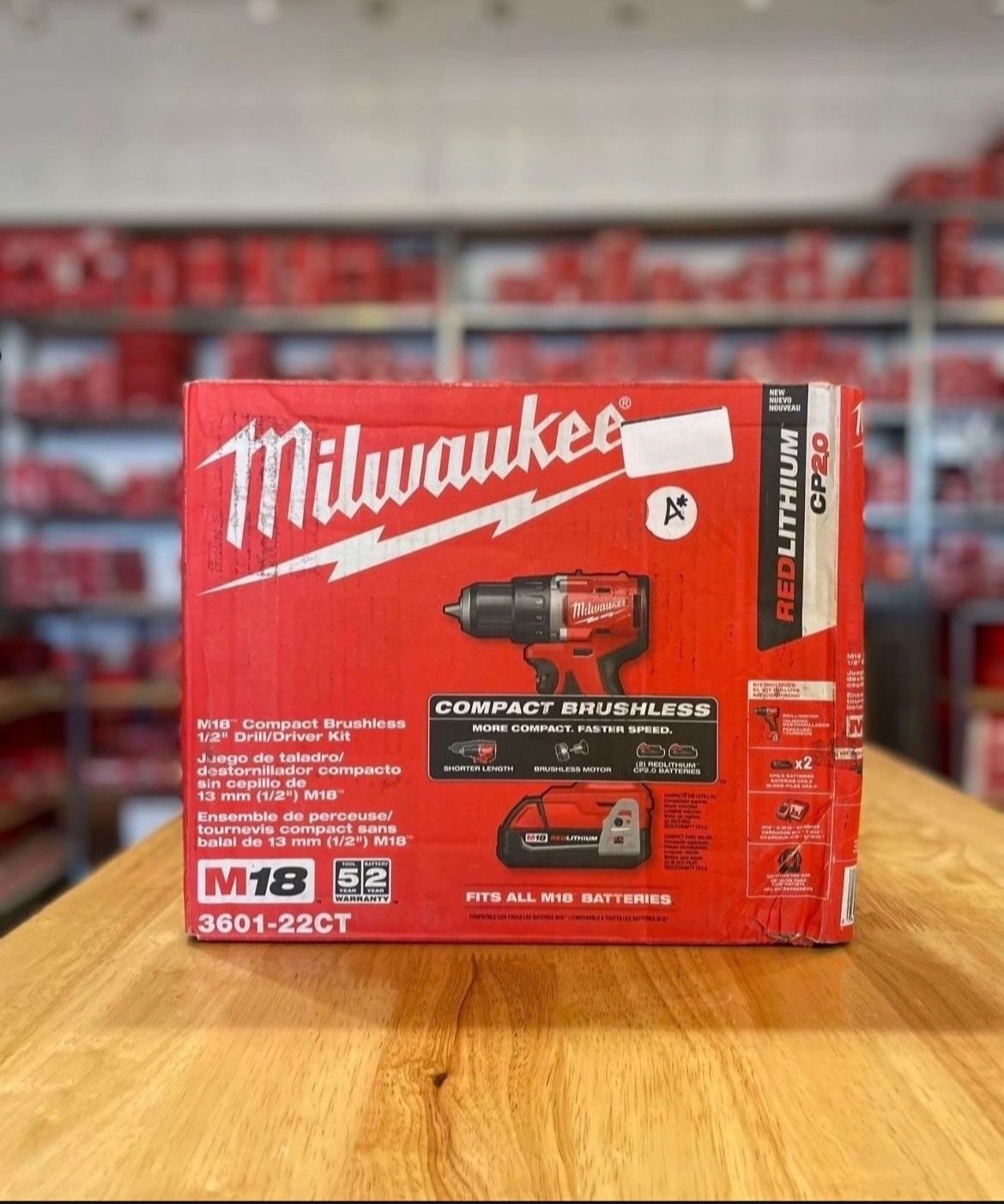 M18 18V Lithium-Ion Brushless Cordless 1/2 in. Compact Drill/Driver Kit with Two 2.0 Ah Batteries, Charger and Case…..3601-22CT