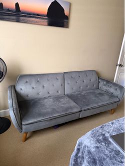 Gray Velvet Futon Sofa Bed – Excellent Condition