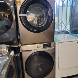 Samsung Front Loading Washer And Stackable Gas Dryer Set In Champagne