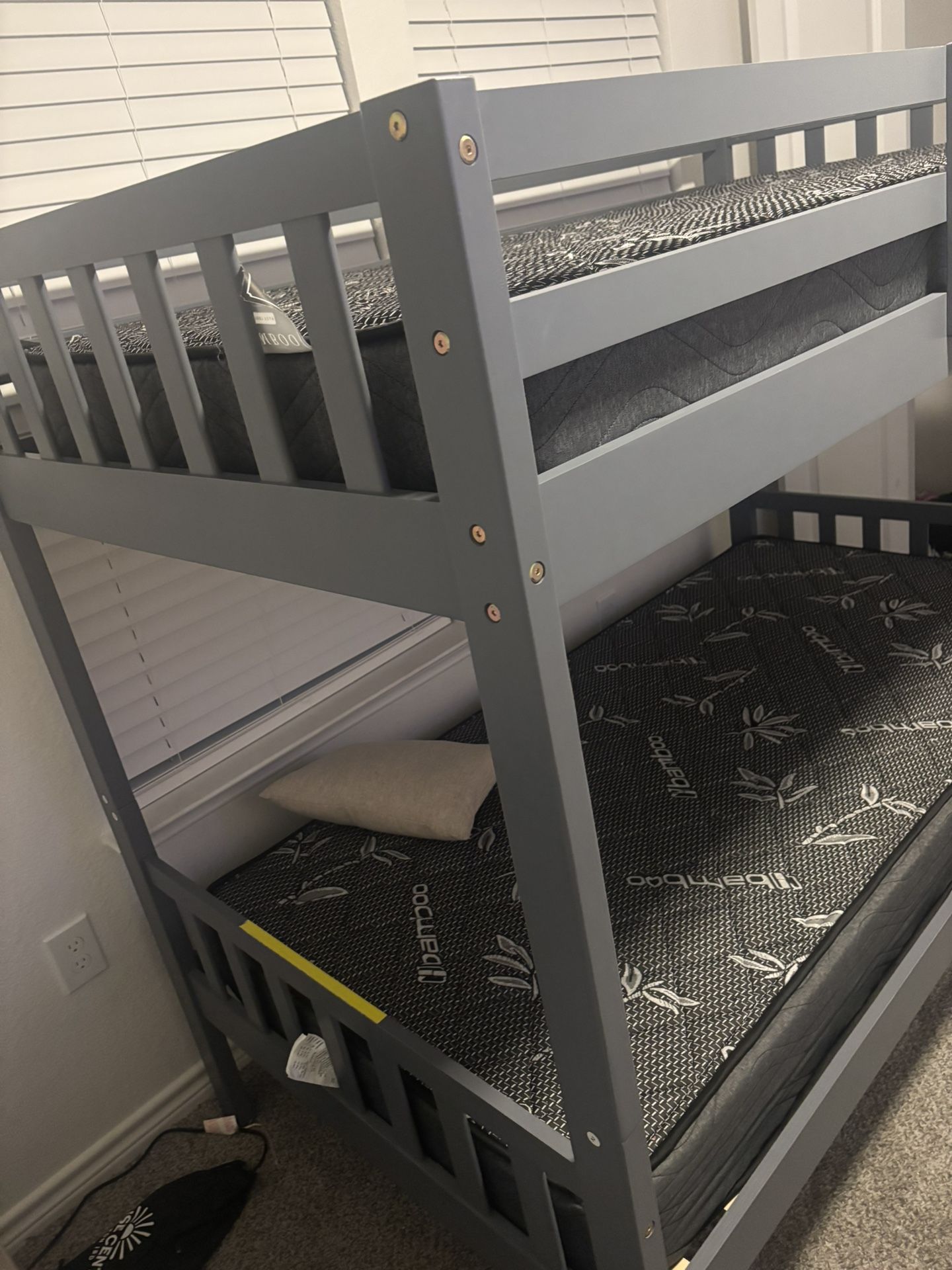 Twin Dark Grey Wood BunkBed w/ mattresses.