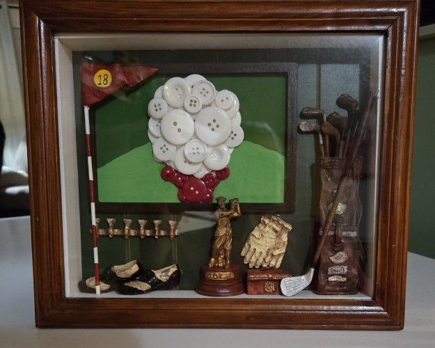 Golf Shadow Box With Button Art Gold Ball