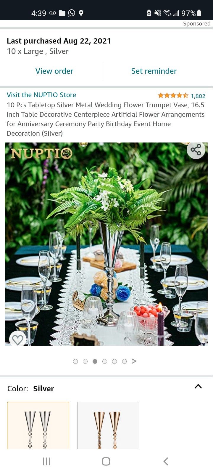 10 Pcs Tabletop Silver Metal Wedding Flower Trumpet Vase,
