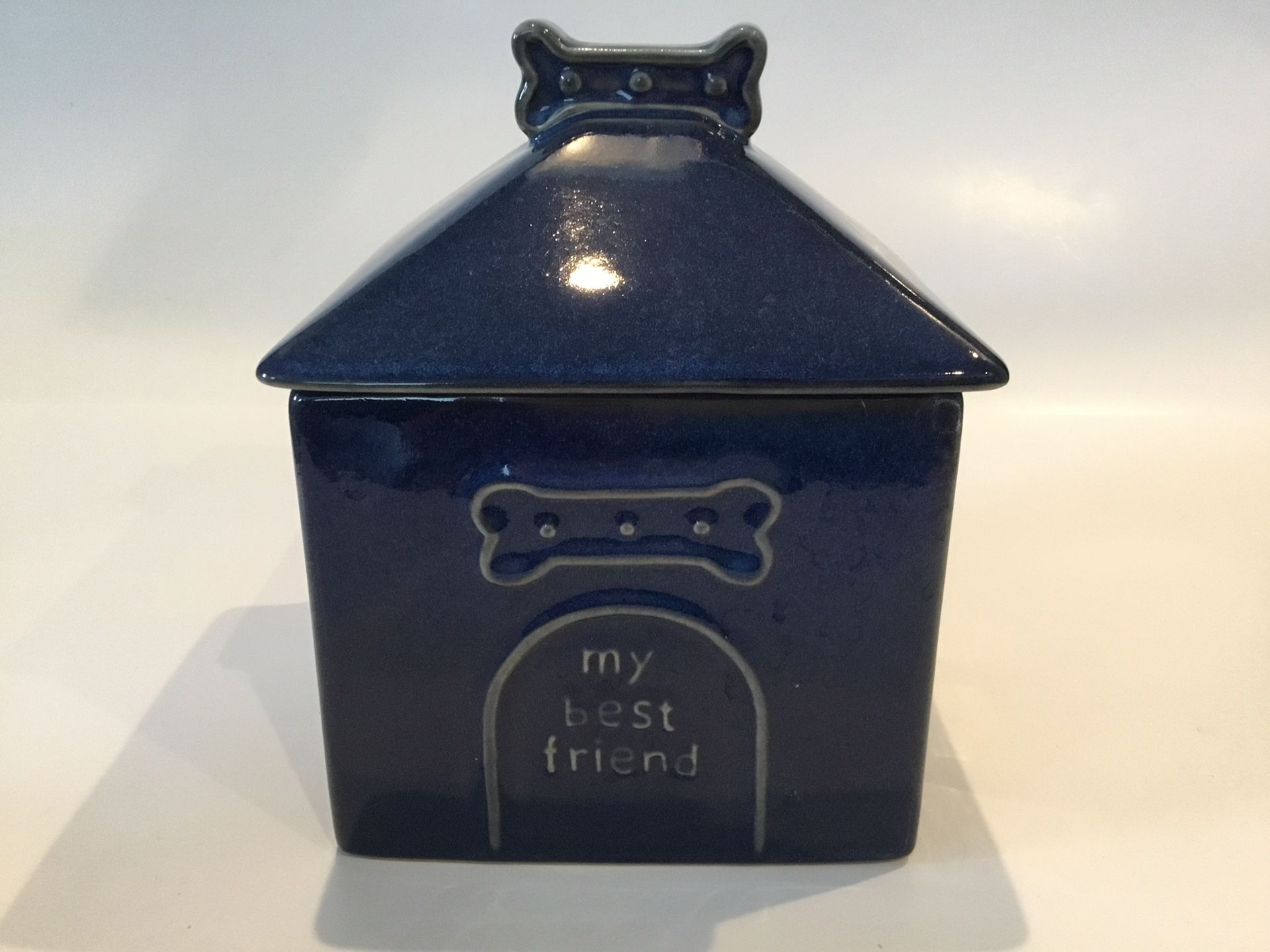 Dog House Treat Cannister Blue Glazed Ceramic