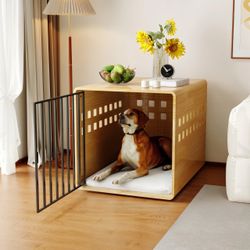 Modern Wooden Dog Crate Furniture for Large Dogs Glossy Finish Pet House with Metal Door and Vent Holes - Yellow