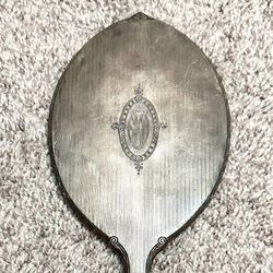 Antique Vanity Silver Monogrammed Hand Held Beveled Oval Mirror