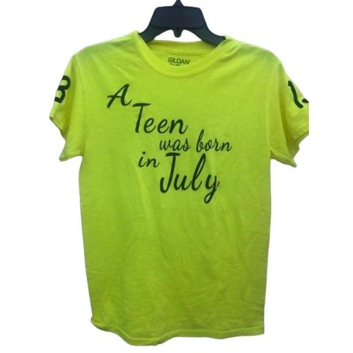 A Teen was Born in July Shirt Womens S Neon Green Yellow V-Neck Short Sleeve

