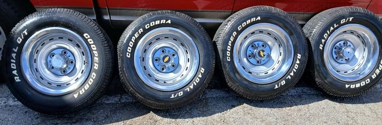 Set/4 Chevy 15x8 C10 Silverado Rally Rims Wheels Truck Square Body OEM OBS 5x5 5lug Wrapped in Cooper Cobra Radial GT Tires