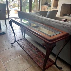 Sofa Table Glass Iron Wood & Leather 