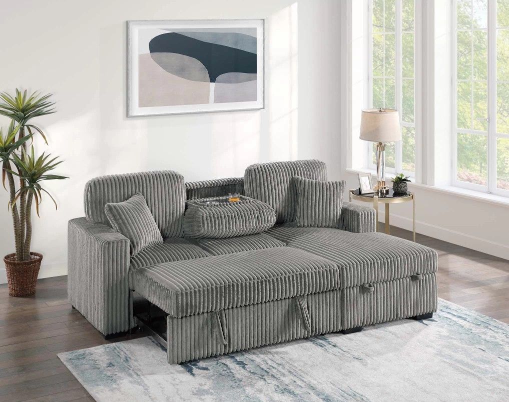 Brand New Grey Corduroy Sectional Sofa Storage Sleeper