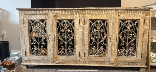 Whitewashed Wood & Iron Scroll TV Console / Sideboard Cabinet