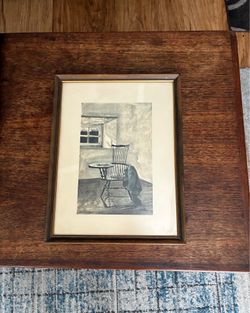 Vintage Framed Black & White Rocking Chair Print – Rustic Wood Frame