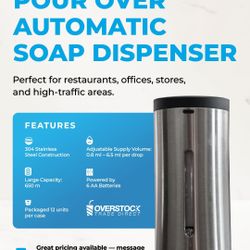 Surex Pour Over Automatic Hand Soap Dispenser is a touchless, rechargeable device that uses an infrared sensor to dispense liquid soap or foam