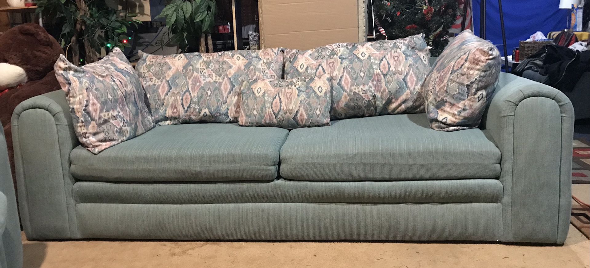 2 Matching Couches Seafoam Green Large Pillows 93” Long