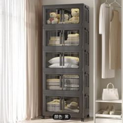 Plastic Stackable Storage Bins with Lids and Wheels, 5 Tier Foldable Closet Organizers and Containers, Collapsible Clear Drawer Storage Cabinet with D