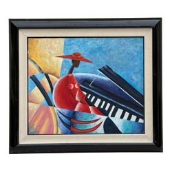🎷 Original Jazz Cubist Painting – Signed C. Loft – 36″ × 31″ Framed – MCM Style
