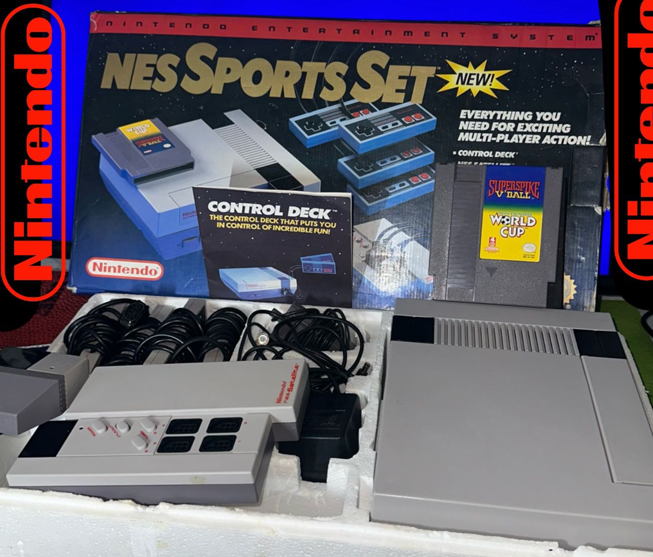 Nintendo NES SPORTS SET Console TESTED CIB video game World Cup V'Ball system