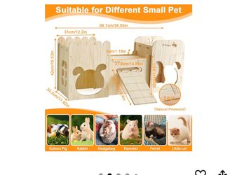 Natural Wooden Rabbit Castle, Bunny House,Detachable Rabbit Hideaway, Indoor Hamster Castle with Ramp, Small Animal Houses & Habitats for Guinea Pig C