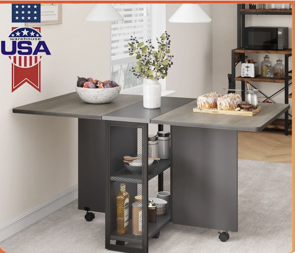 Folding Dining Table with Drop Leaf Storage Shelf for Small Kitchen Space Saving