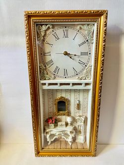 Vtg. Victorian Shadow Box Wall Clock Wood Miniature Boudoir Diorama French Style / Working Clock / 9 X 20 Inch