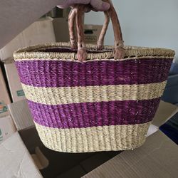 Purple & Natural Woven Straw Market Tote / Basket Bag