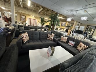Dark Gray Tufted Fabric Sofa 2-Piece Set