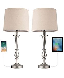 Table Lamp for Bedrooms, Office, Kid’s Rooms, Bedside Lamp with 2 USB Ports Flaxen Fabric Shade and Read Lamp, Desk Lamps Minimalist Design for Home