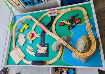 Wooden Train Table Set with Rolling Storage Drawers