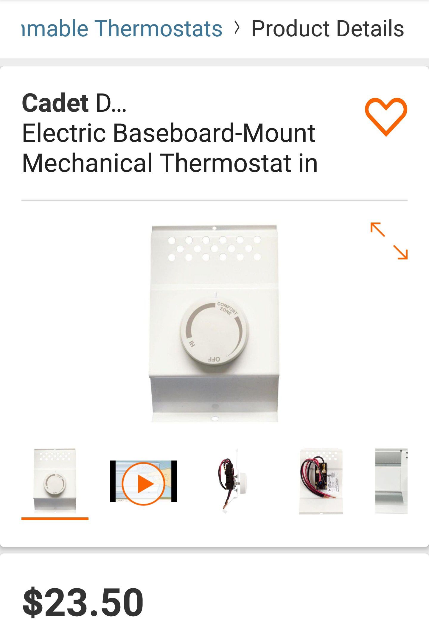 Double-Pole Electric Baseboard-Mount Mechanical Thermostat in White