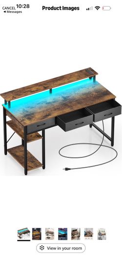 Rolanstar Computer Desk with Power Outlets & LED Light, 55 inch Home Office Desk with 3 Drawers and Storage Shelves, Writing Desk with Monitor Stand, 