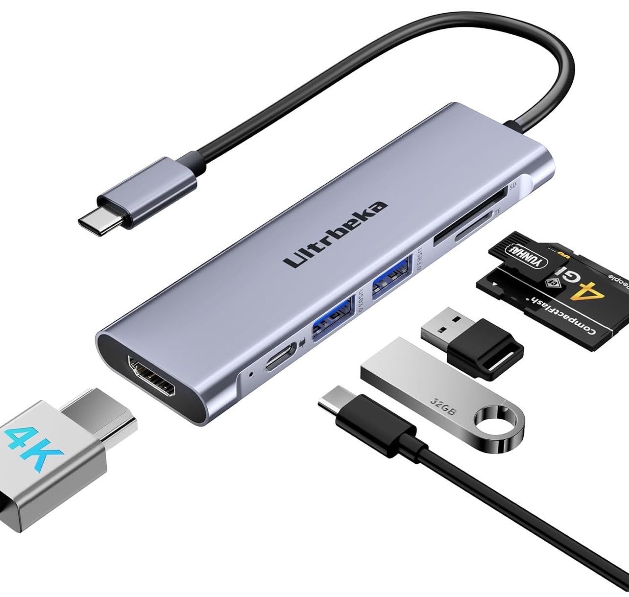 USB C Hub, 7in1 USBC Hub, 4K HDMI Multiport Adapter, TF/SD Card Reader, 2×Powered USB-A 3.0 5Gbps, 100W PD, Dongle Adapter, USB-C Extender Compatible