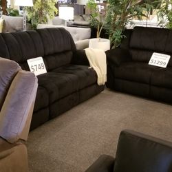 Brand New Black Padded Suede Manual Reclining Sofa + Loveseat 2PCs Set