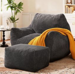Big Bean Bag Chair for Adults, Ultra Soft BeanBag for Living Room Stuffed BeanBag Chair with Armrests &Ottoman for Napping, Gaming, Vacuum-Compressed 