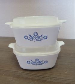 2 Vtg Corning Ware Cornflower Blue Dishes W Storage Lids P-43-B 22oz Made In USA