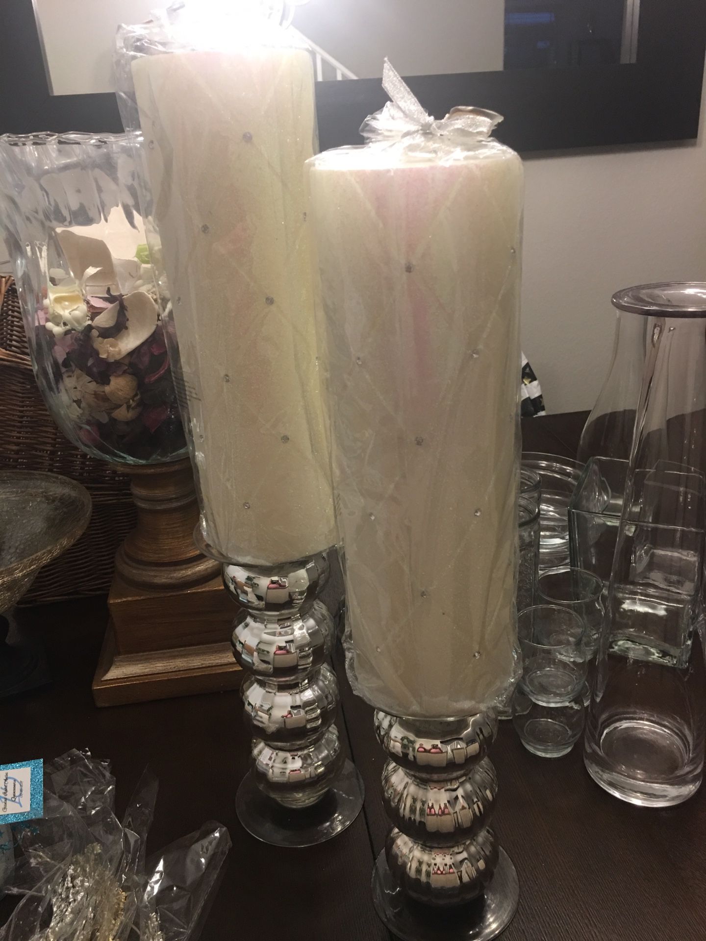 Frosted silver candle holder and candles