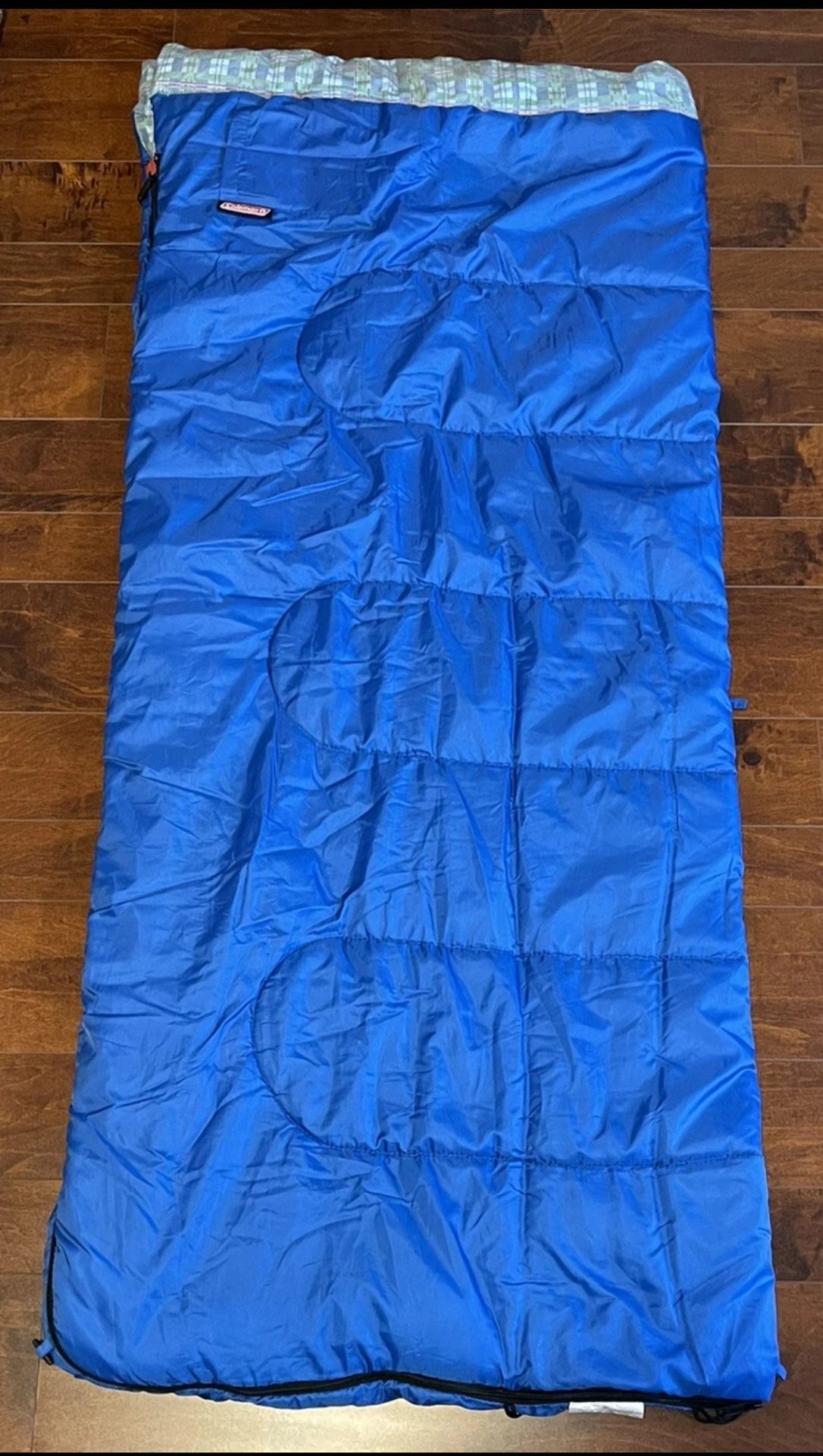 Coleman Sleeping Bag Blue Nylon Green Plaid Cotton Flannel Lining 26" x 66"
