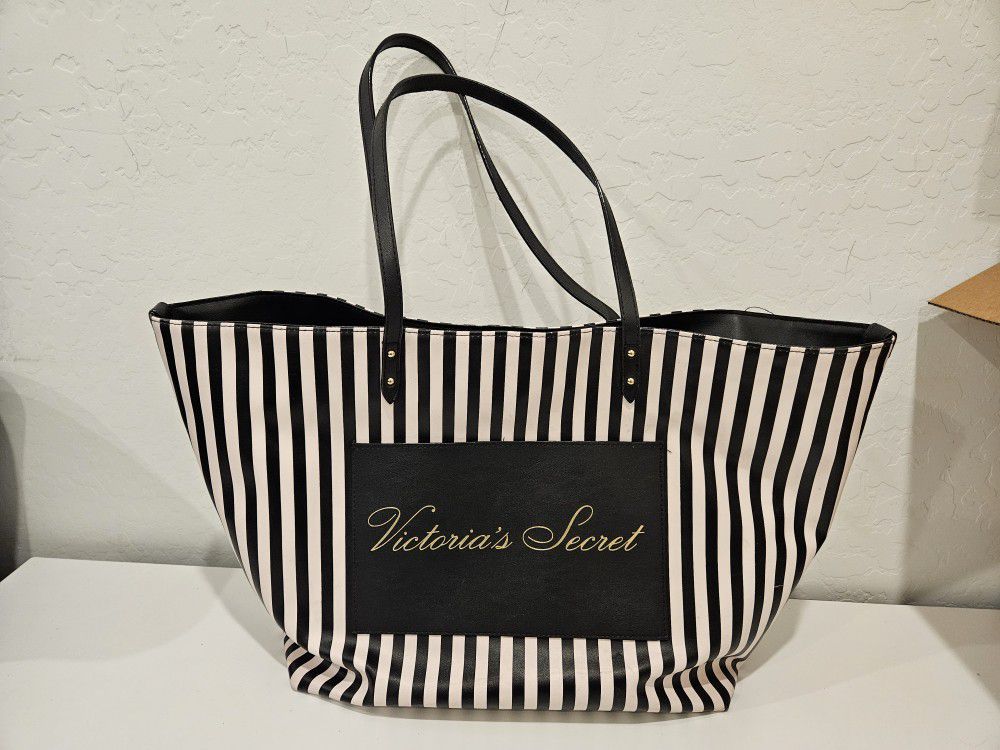 Victoria's Secret Black and White Striped Signature Weekender Tote Bag
