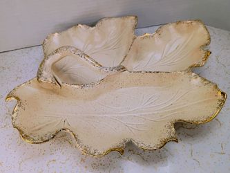 Mid Century Vintage California Pottery Ceramic Gold Leaf Divided Serving Dish #715