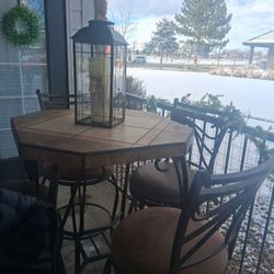 4 High Top Wrought Iron/Suede Chairs with Wrought Iron/Slate Patio Table