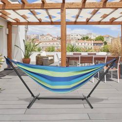 Double Brazilian Cotton Hammock with Space Saving Steel Stand - Blue