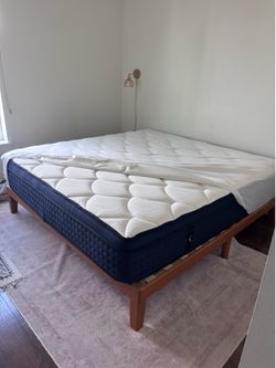 King bed - mattress, cover, wood frame, sheets