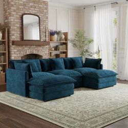 5-Piece Chenille U-Shaped Sectional Sofa with Ottoman-Midnight Teal