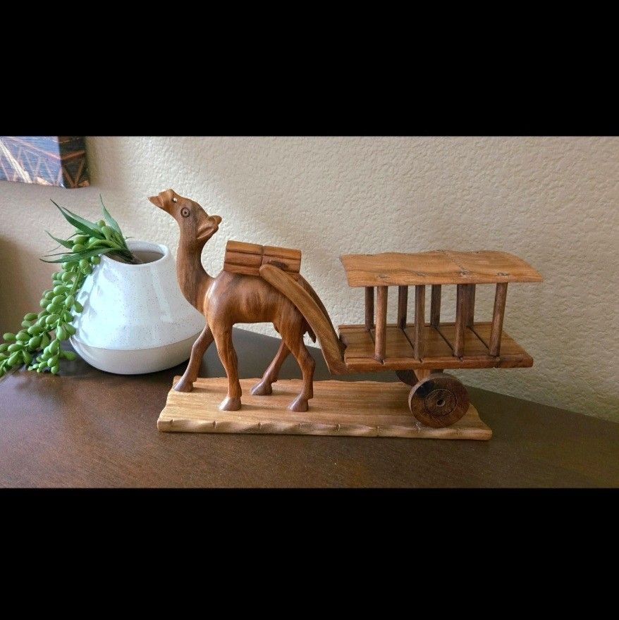 New Handcarved Wooden Figurine - Camel Cart