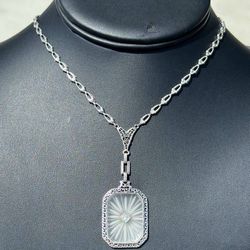 Art Deco Antique Jewelry 14k white gold natural diamond 0.03CT. Camphor Glass necklace chain 16.00" 4.00mm width