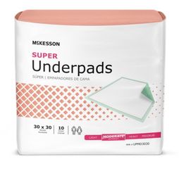 100 case of New in package McKesson Super underpads  Moderate absorbency 10 packages of qty 10ea 30x30