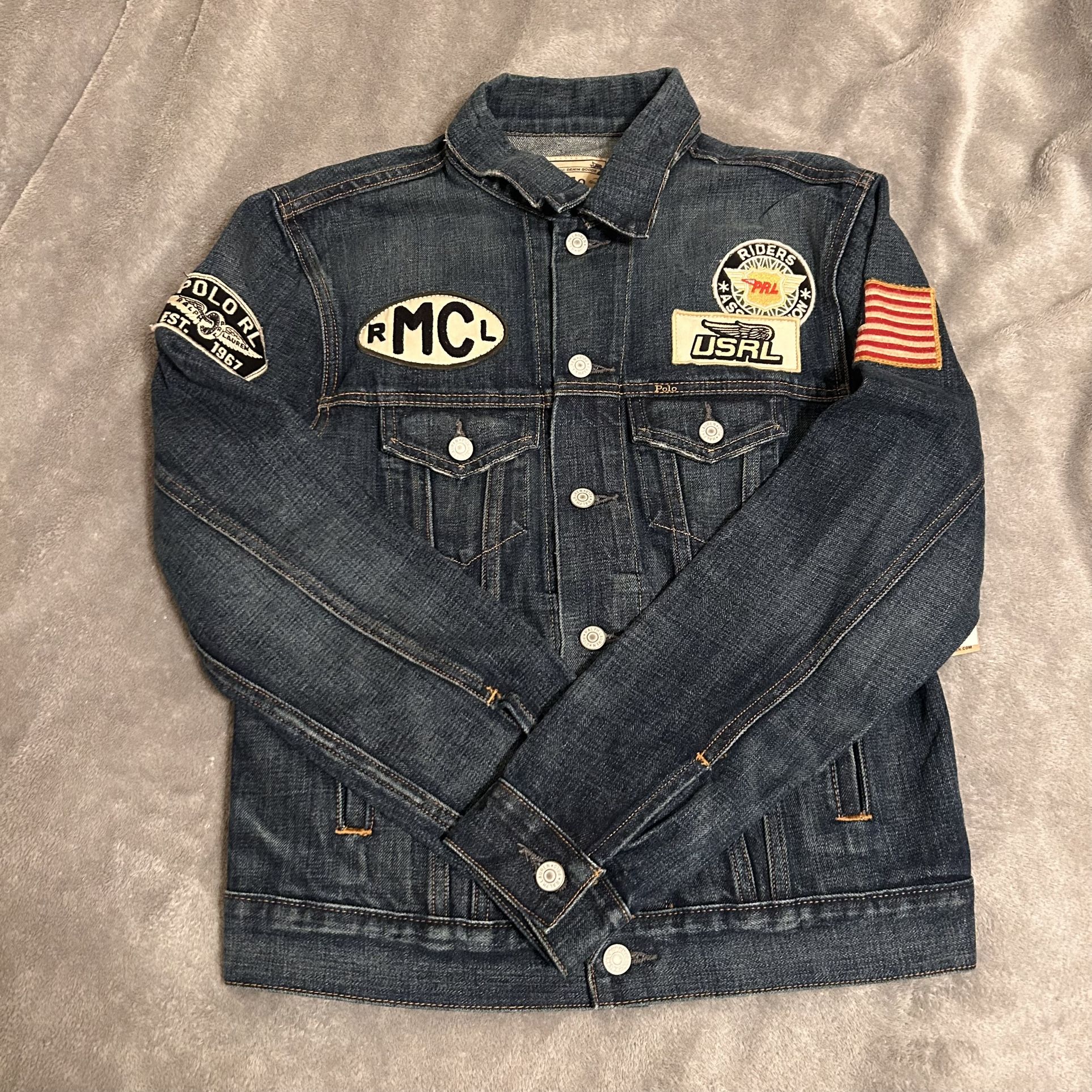 Polo Ralph Lauren Denim Trucker Jacket 1967 USRL Riders Patchwork Men’s Size Small