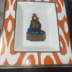 NWT C C. Wonder | Orange Ikat Monkey Ceramic Plate Sticker Tag On Back. Never Used