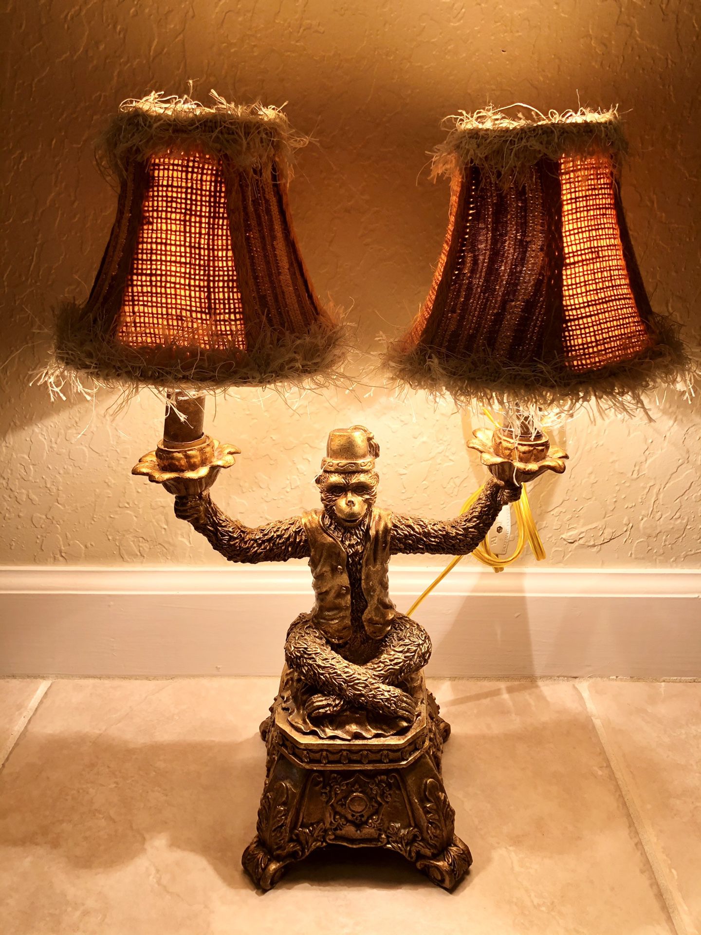 Vintage Bronze MONKEY Lamp in MINT CONDITION with 2 New Lampshades in original packaging
